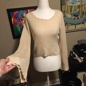 Bell Sleeved Scalloped Cream Cropped Sweater